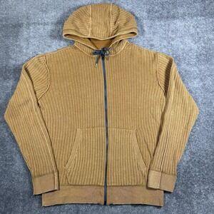 32 Bar Blues Sweater Jacket Men's Large Yellow Ribbed Full Zip Hooded